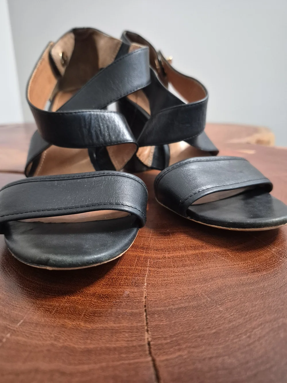 Coach Black Leather Block Heel Sandals with Gold-Tone Accent - 6
